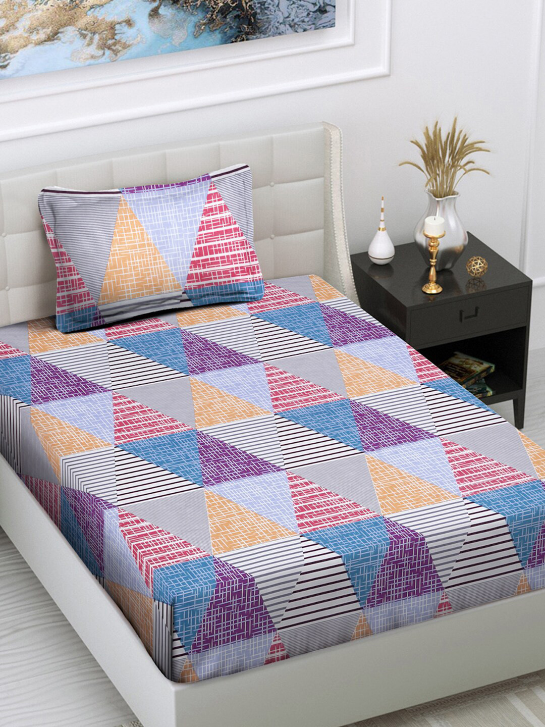 

FABINALIV Blue & Pink Geometric Printed 300 TC Single Bedsheet With 1 Pillow Cover