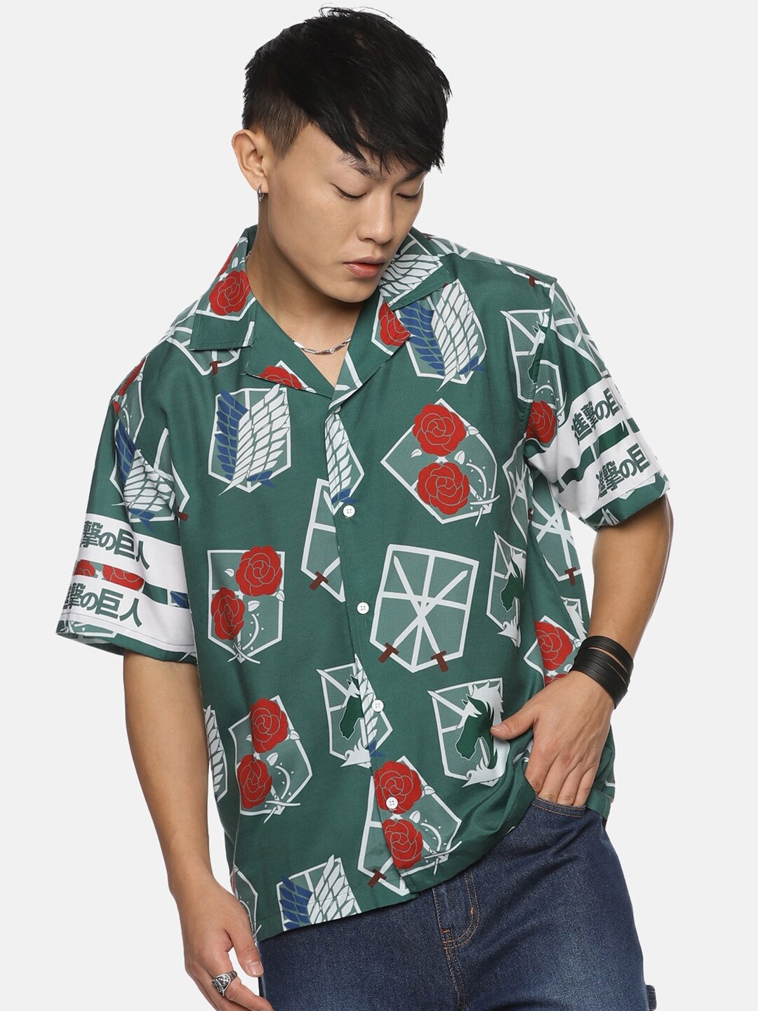 

Fans Army Attack On Titan Printed Oversized Casual Shirt, Green