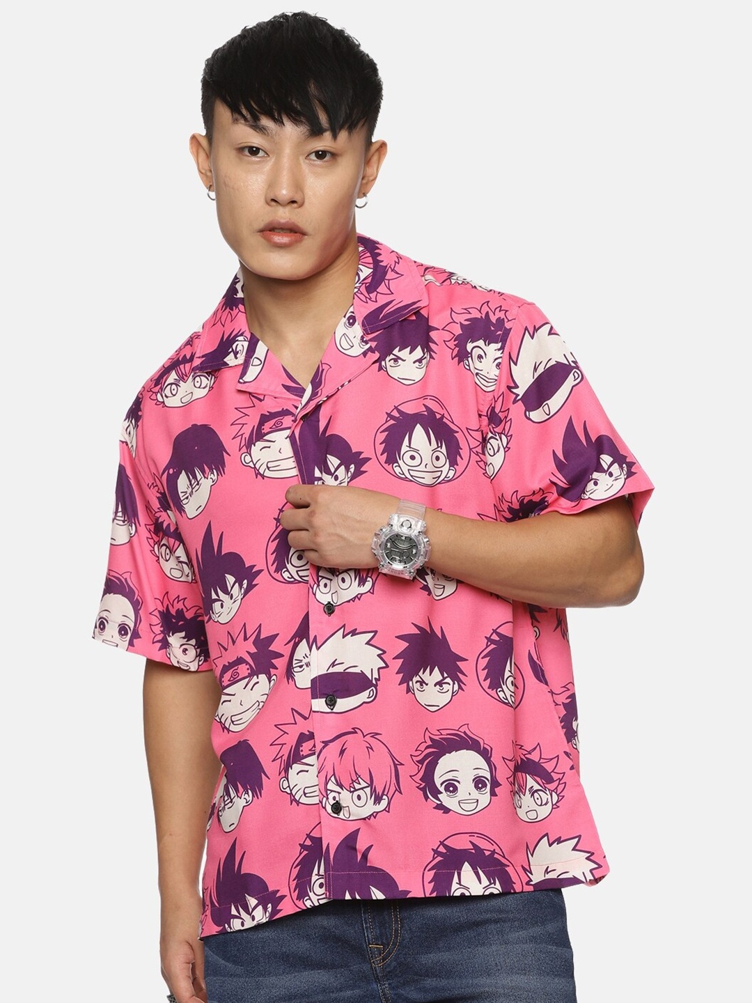 

Fans Army Naruto Goku Luffy Printed Oversized Casual Shirt, Pink