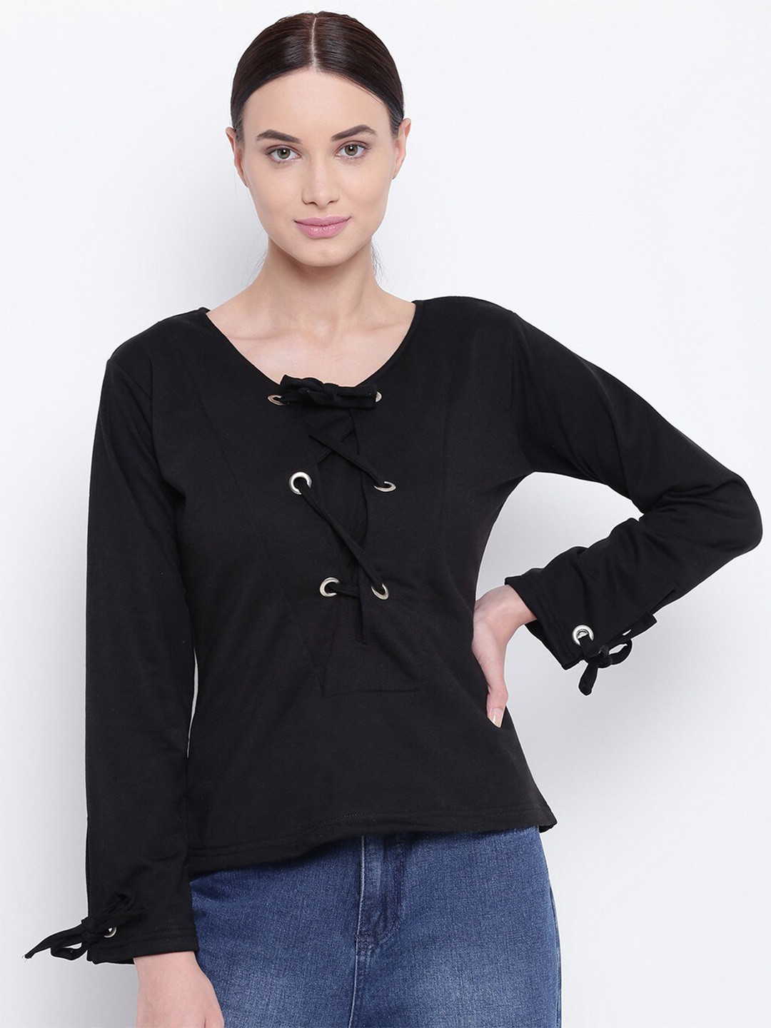 

BAESD Round Neck Lace-up Tie-Ups Fleece Top, Black