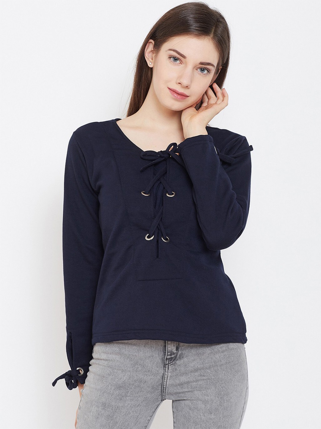 

BAESD Tie-Up Neck Long Sleeve Fleece Regular Top, Navy blue
