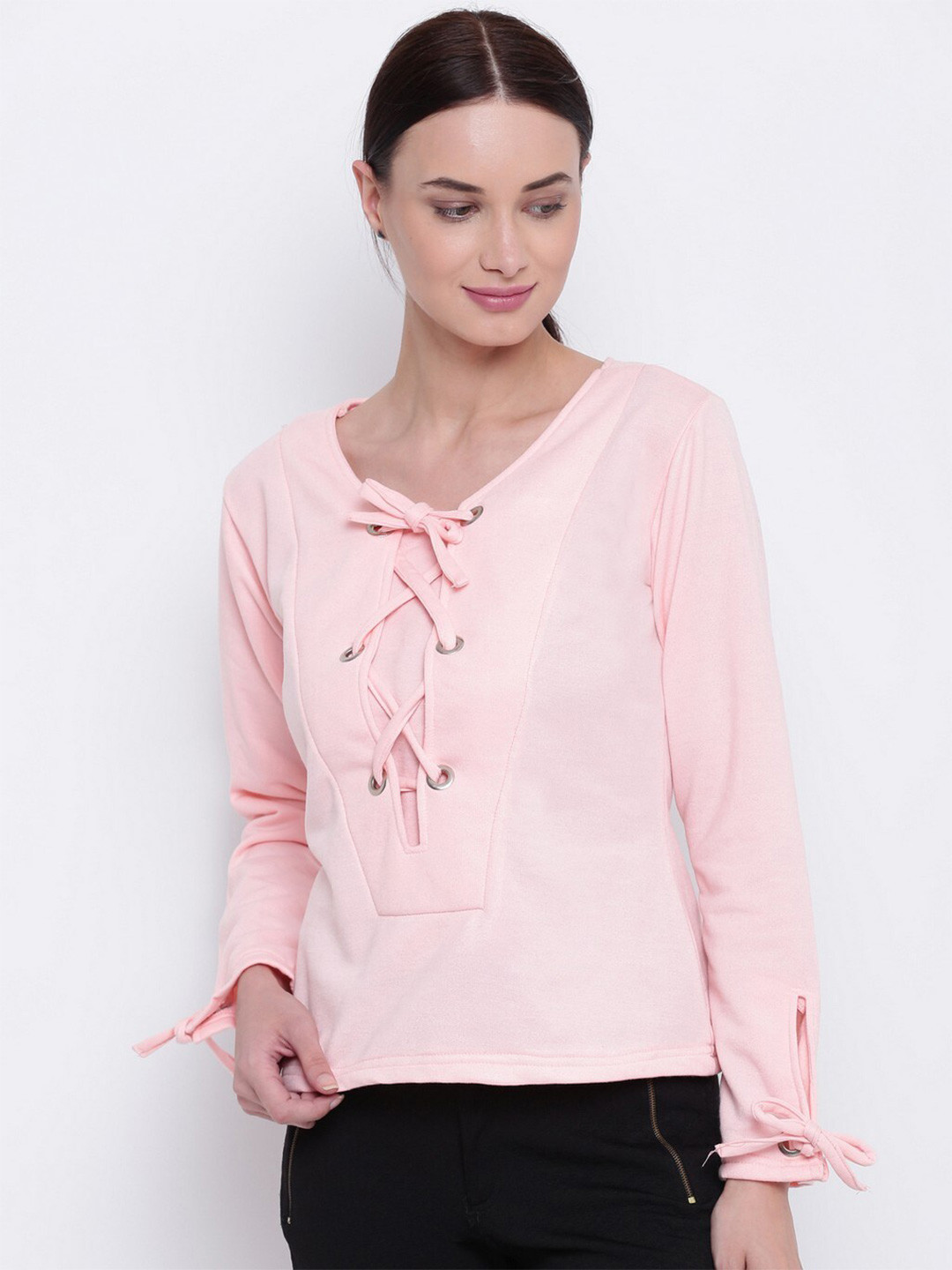 

BAESD Round Neck Lace-up Tie-Ups Fleece Top, Pink