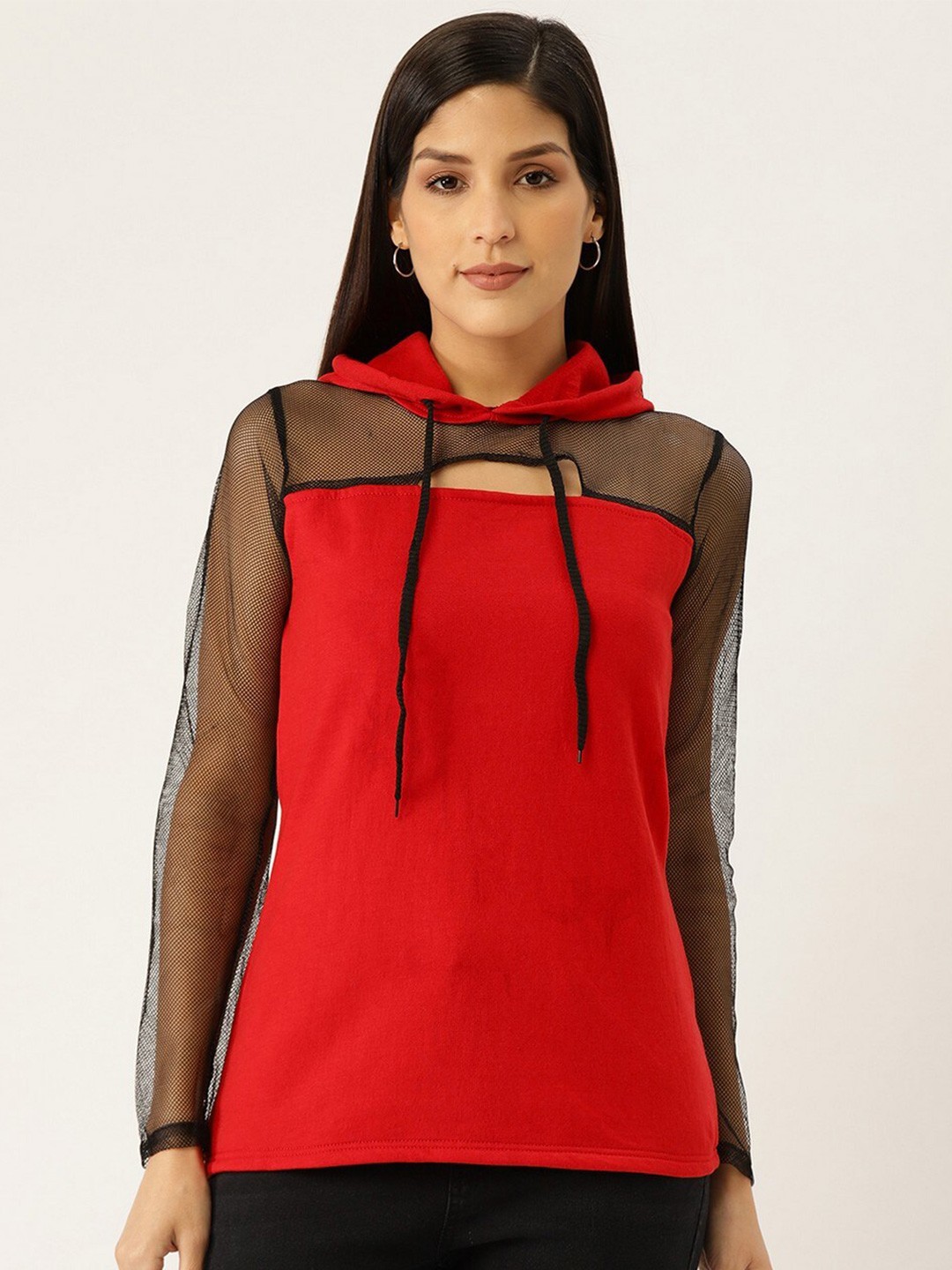 

BAESD Hooded Mesh Detailed Long Sleeves Cut Work Fleece Pullover, Red