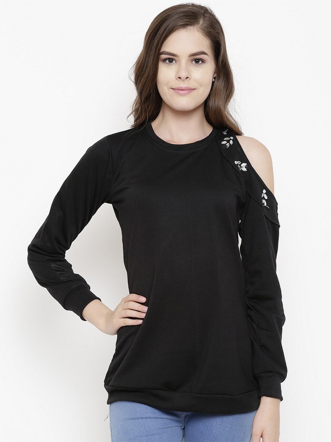 

BAESD Round Neck Cold-Shoulder Sleeves Fleece Pullover, Black