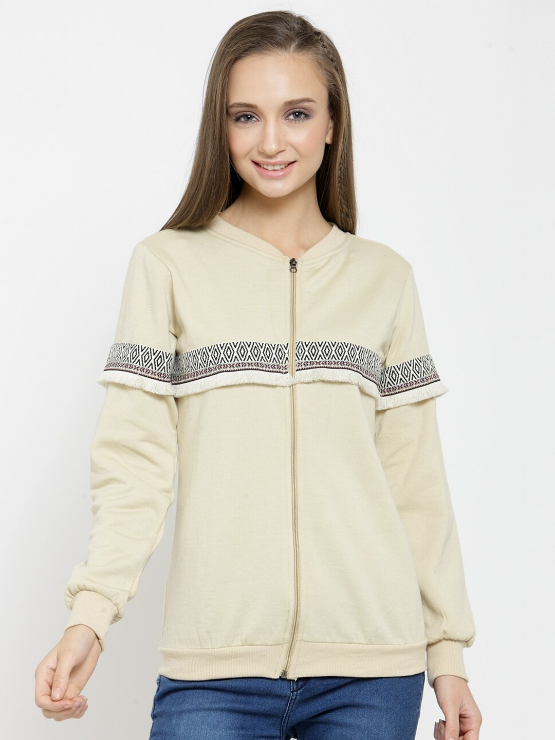 

BAESD Geometric Printed Fleece Front-Open Sweatshirt, Beige