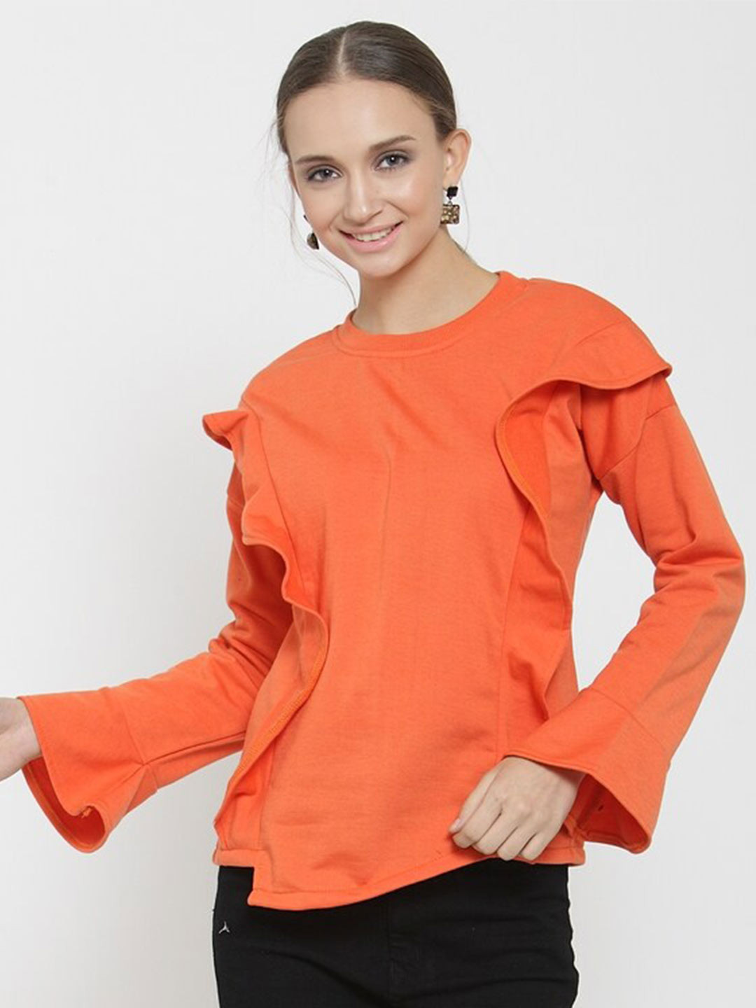 

BAESD Round Neck Long Sleeves Ruffles Fleece Top, Orange