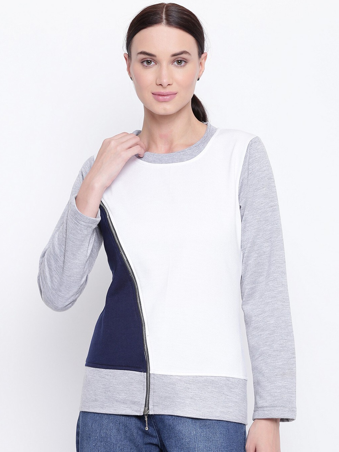 

BAESD Colourblocked Round Neck Fleece Pullover Sweatshirt, Navy blue