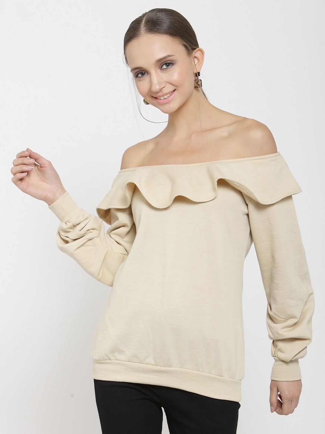 

BAESD Off-Shoulder Fleece Pullover Sweatshirt, Beige