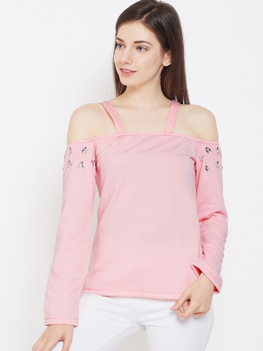 

BAESD Shoulder Straps Cold Shoulder Sleeves Fleece Top, Pink