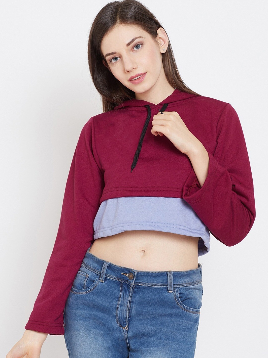 

BAESD Colourblocked Hooded Fleece Crop Pullover Sweatshirt, Maroon