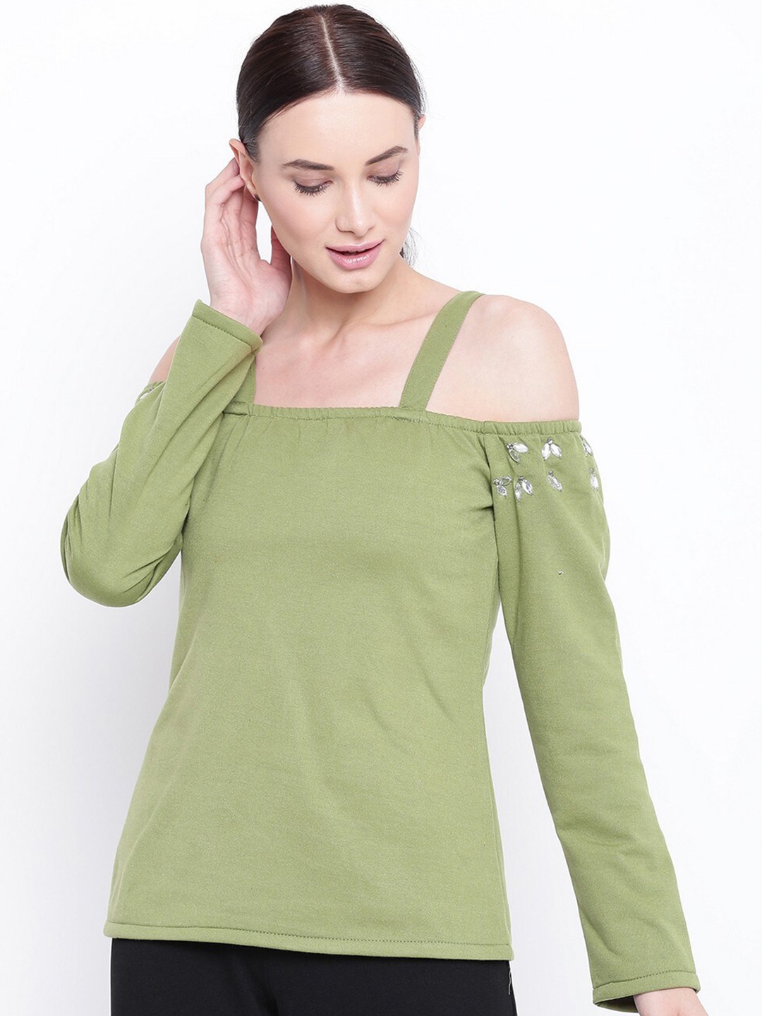 

BAESD Shoulder Straps Cold Shoulder Sleeves Fleece Top, Olive