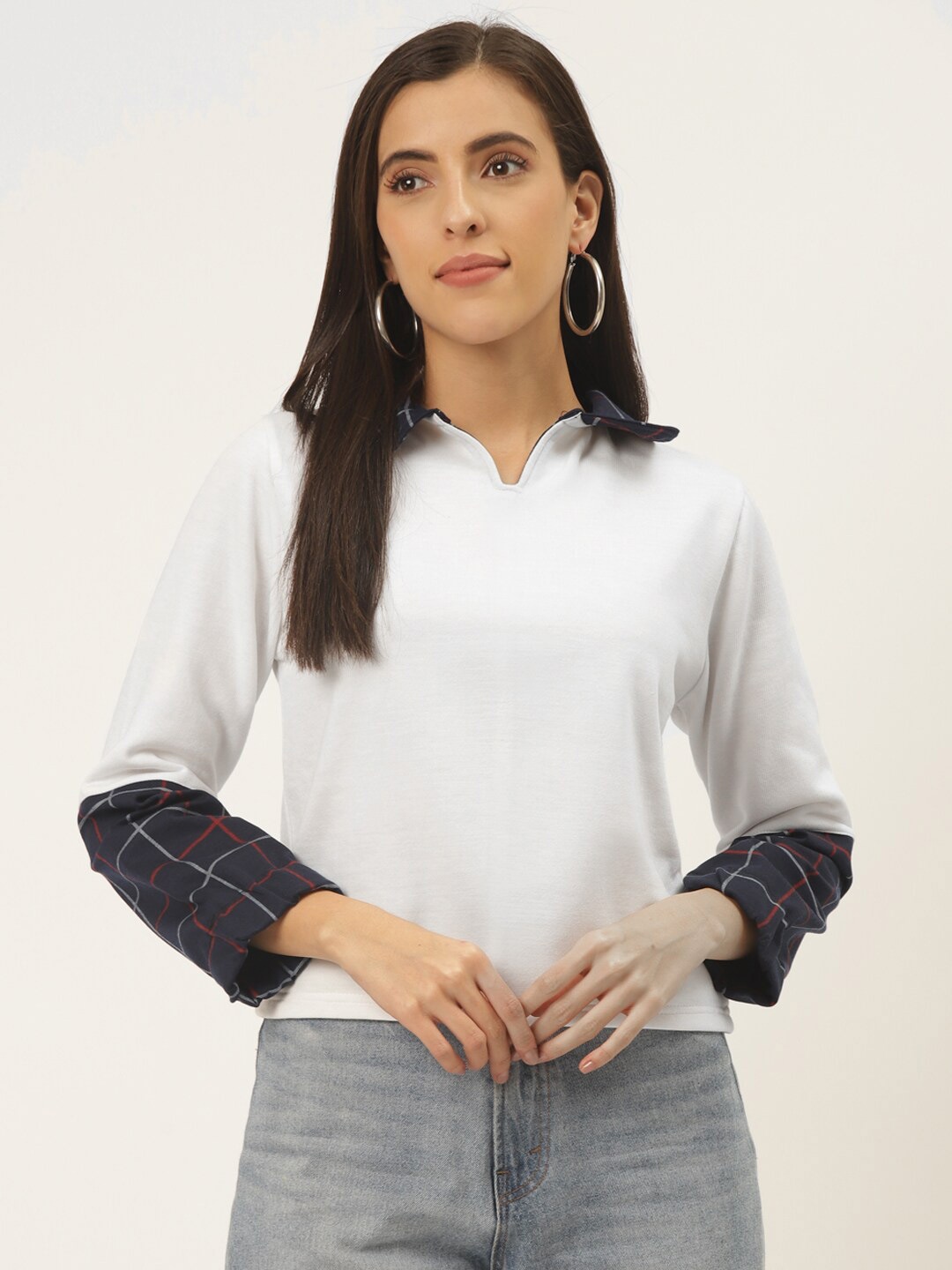 

BAESD Checked Shirt Collar Pullover Fleece Sweatshirt, White