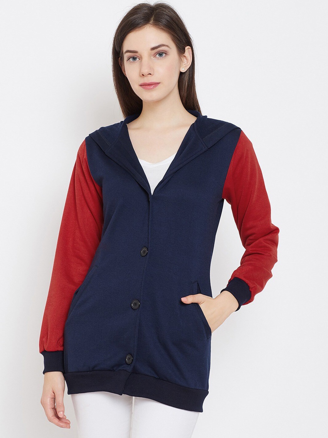 

BAESD Colourblocked Hooded Fleece Front-Open Sweatshirt, Navy blue