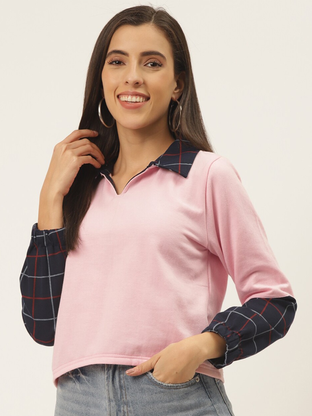 

BAESD Checked Fleece Shirt Collar Pullover Sweatshirt, Pink