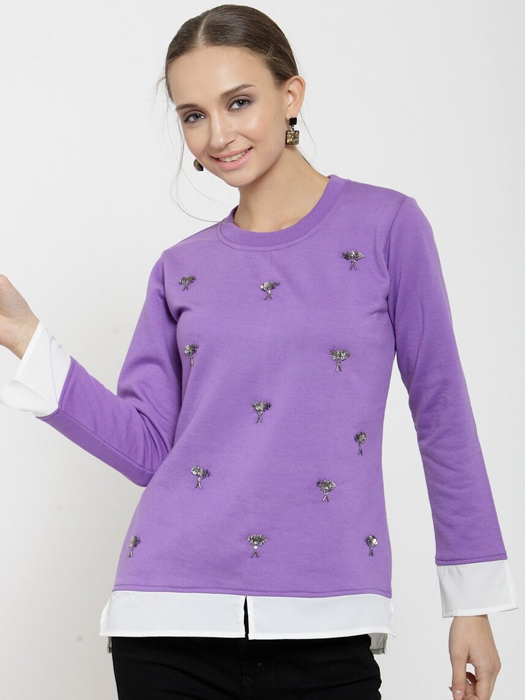 

BAESD Floral Embellished Fleece Pullover Sweatshirt, Violet