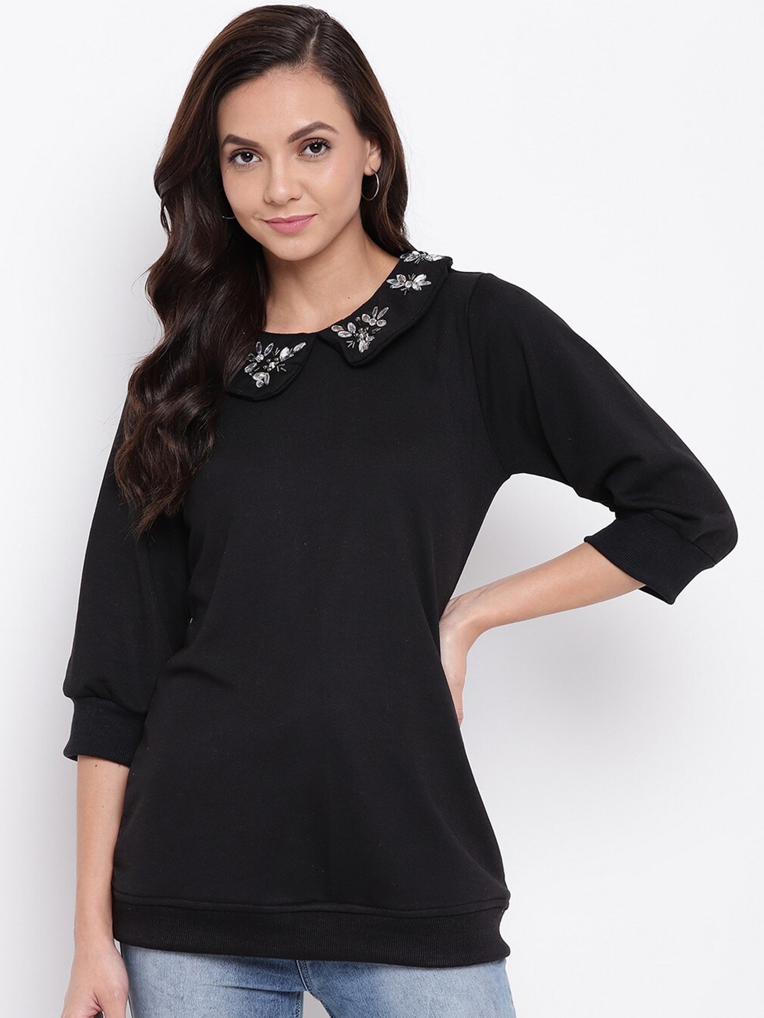 

BAESD Floral Embellished Fleece Pullover Sweatshirt, Black