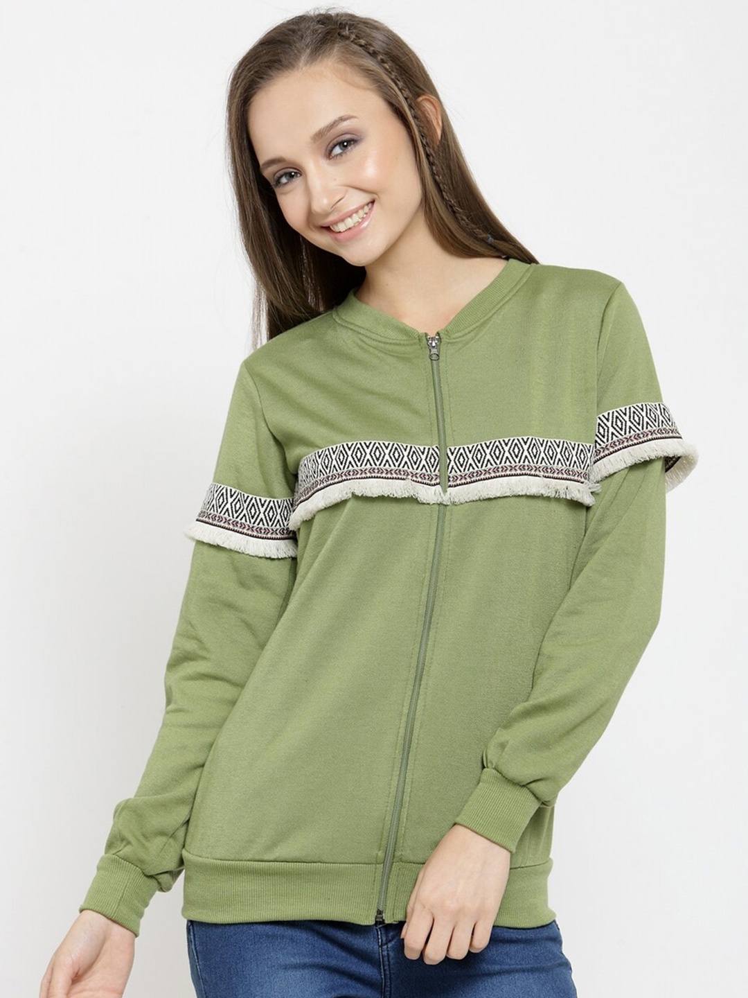 

BAESD Stand Collar Striped Fleece Front Open Sweatshirt, Olive
