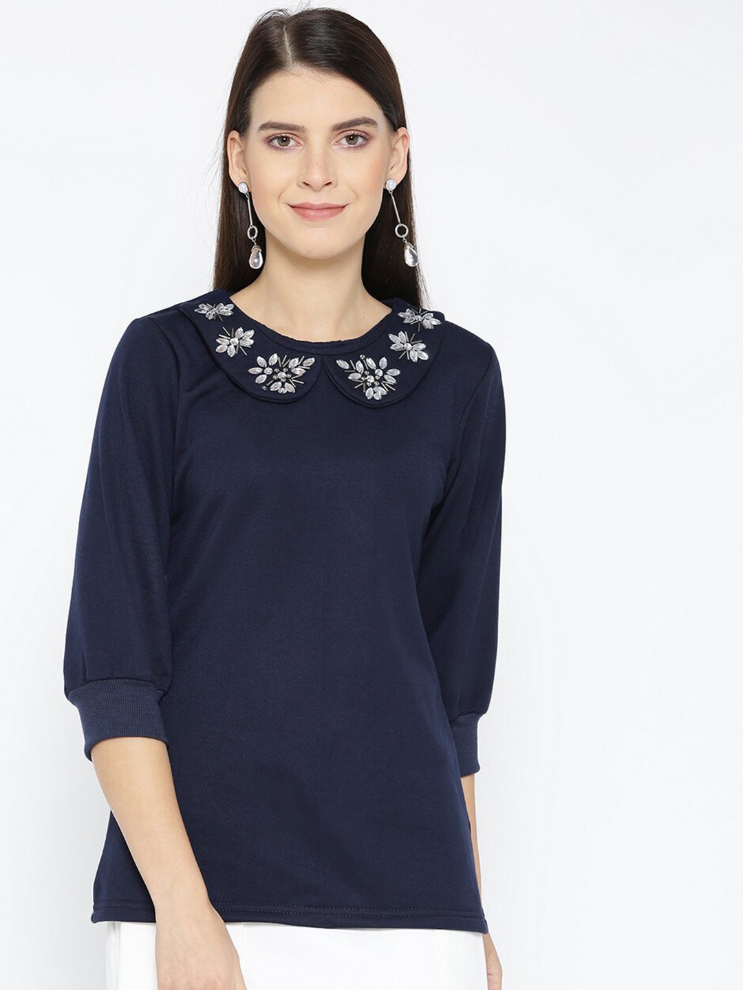 

BAESD Round Neck Stones and Beads Detail Fleece Regular Top, Navy blue