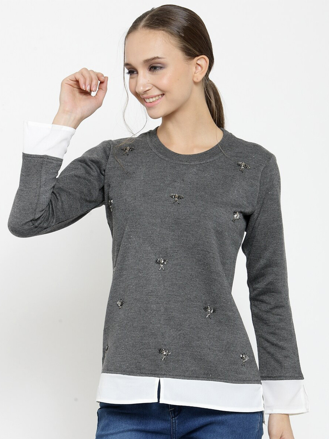 

BAESD Floral Embellished Fleece Sweatshirt, Grey