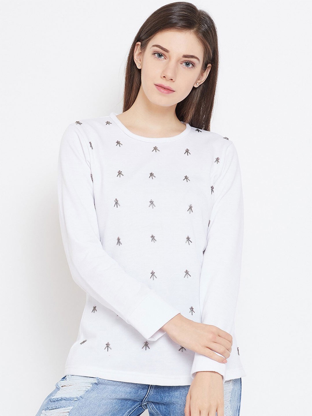 

BAESD Round Neck Long Sleeves Embellished Pullover Sweatshirt, White