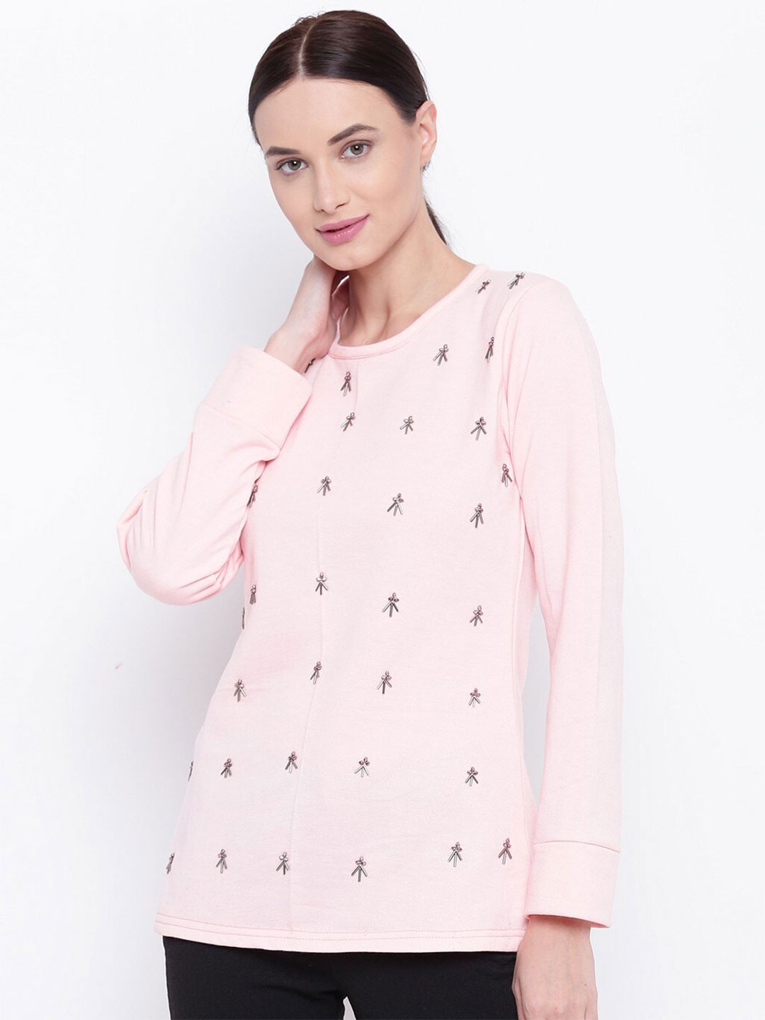 

BAESD Round Neck Long Sleeves Embellished Pullover Sweatshirt, Pink