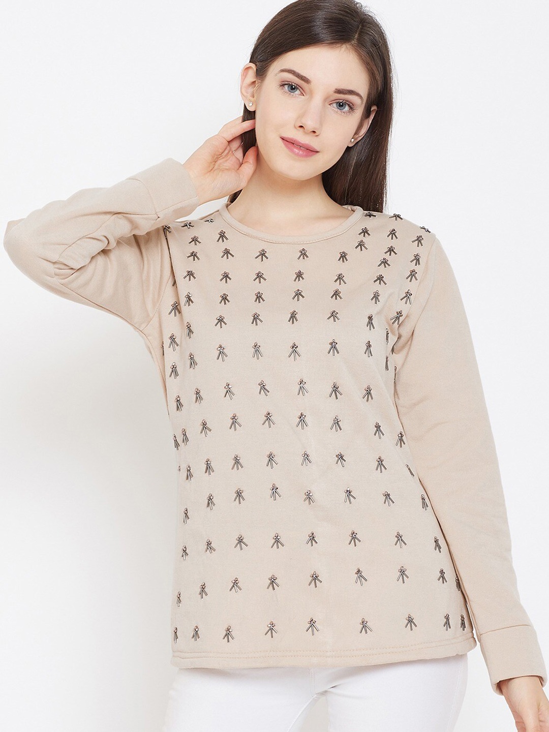 

BAESD Round Neck Long Sleeves Embellished Pullover Sweatshirt, Beige