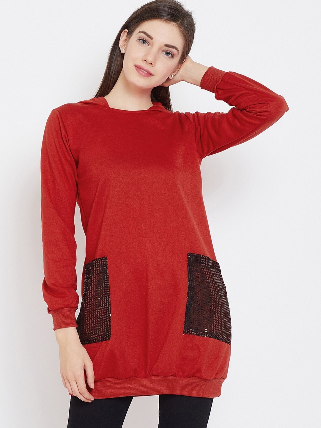 

BAESD Hooded Sequinned Fleece Longline Pullover, Red