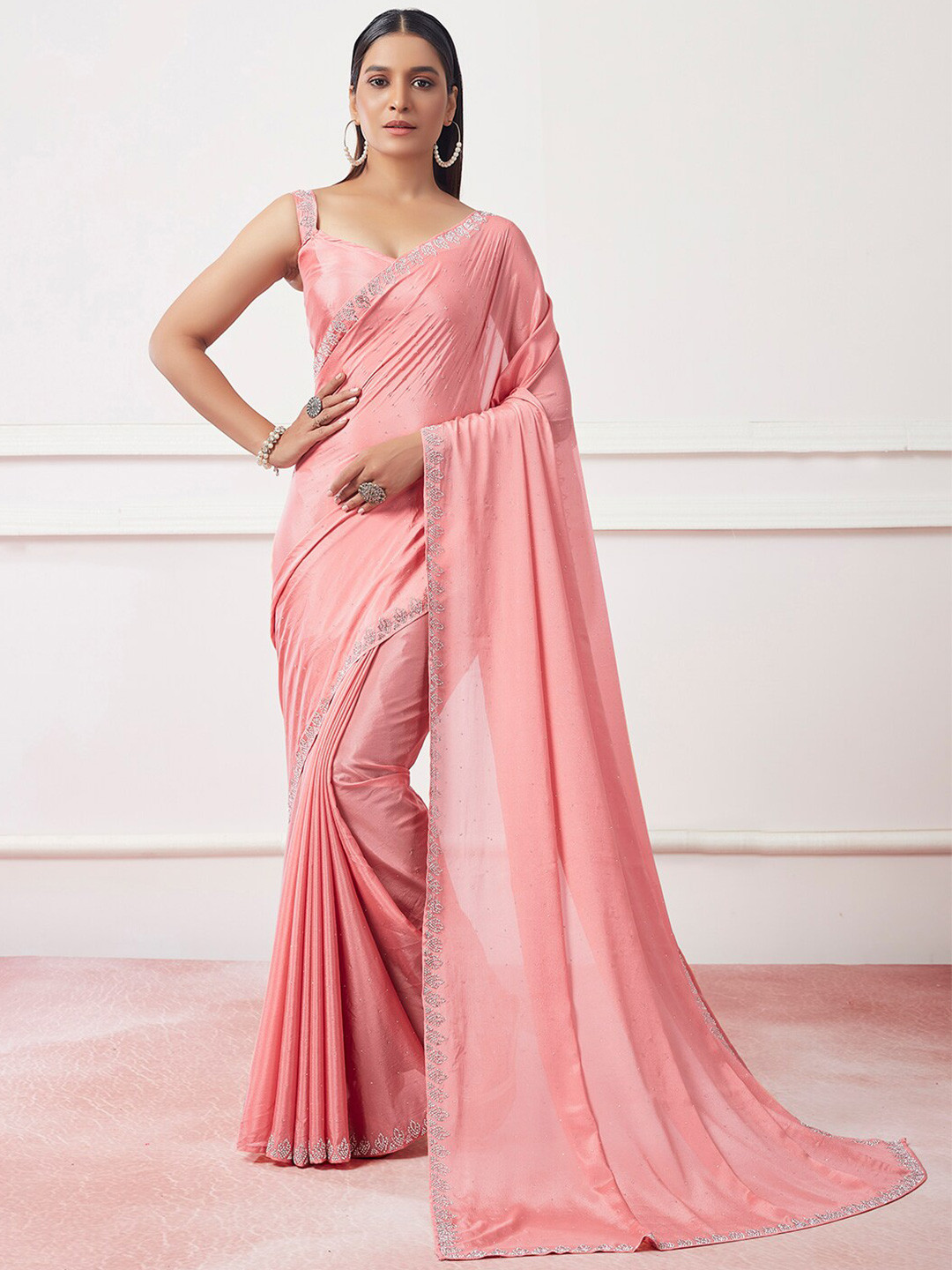 

Kalista Peach-Coloured Embellished Beads & Stones Satin Saree