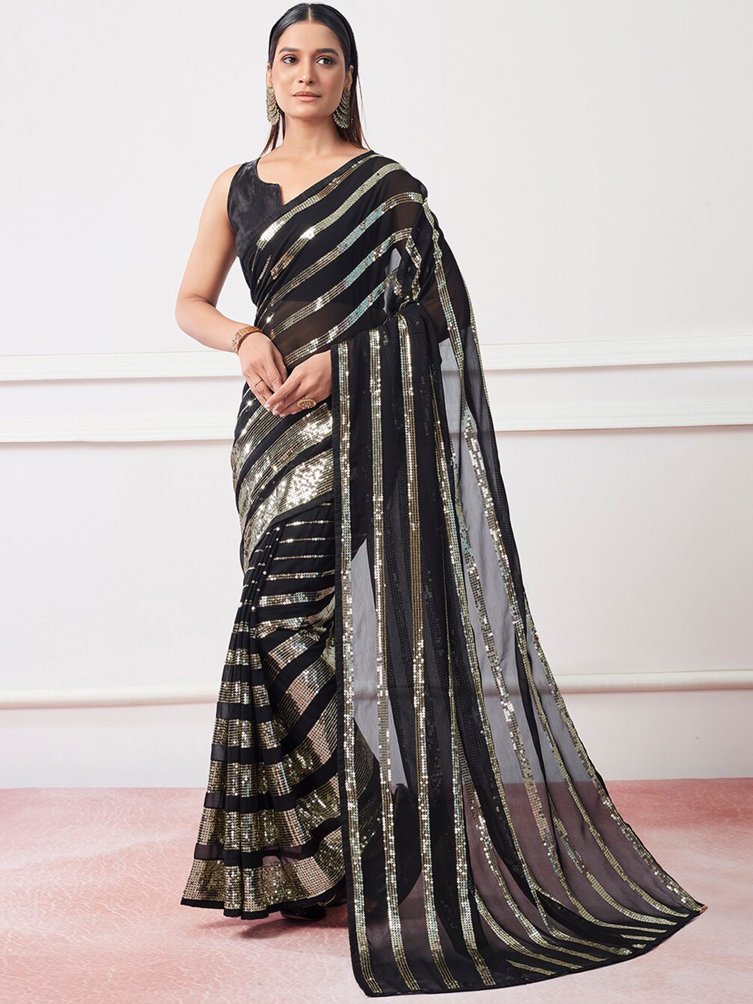 

Kalista Black Geometric Embroidered Sequinned Detailed Pure Georgette Saree