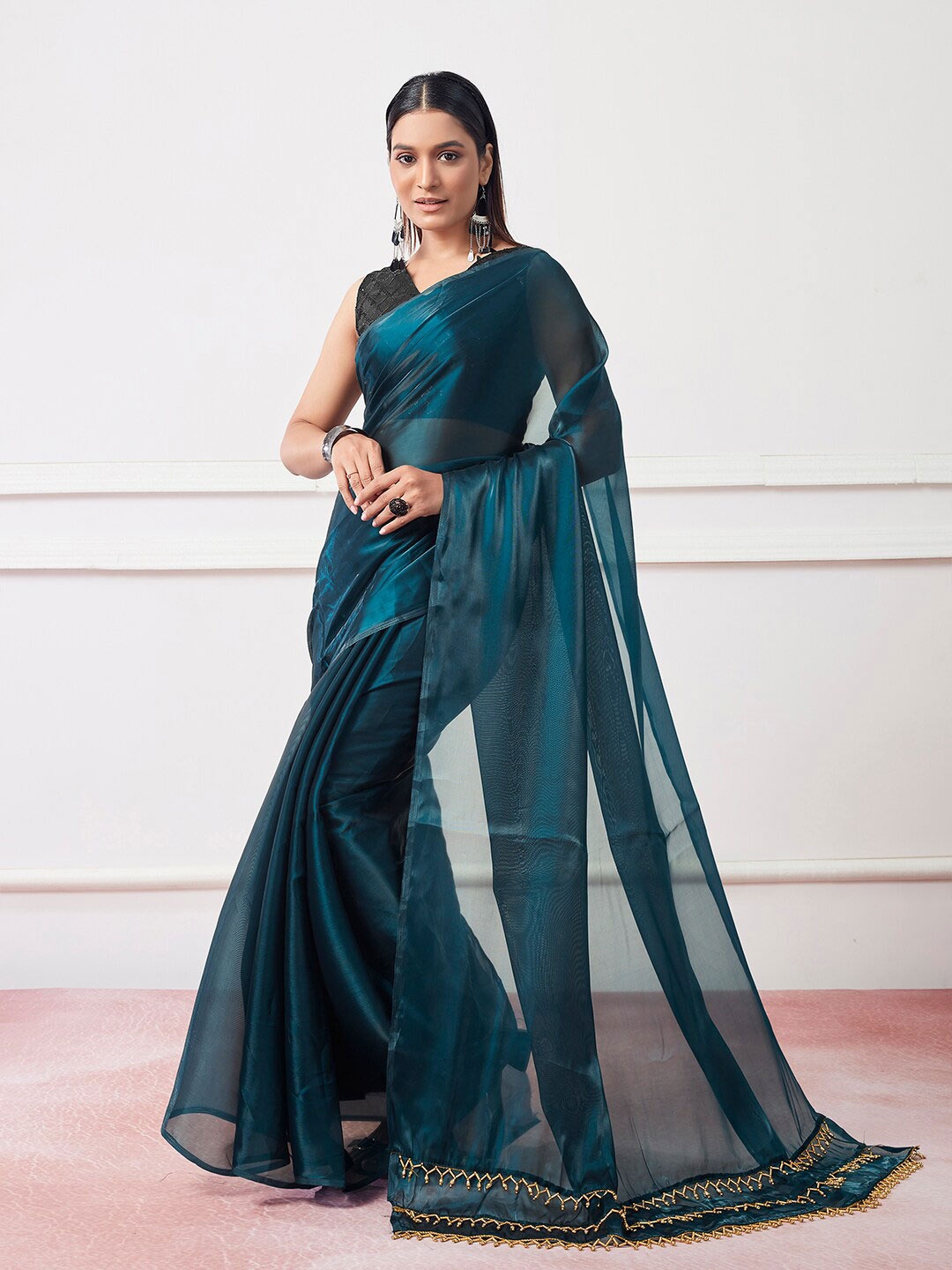 

Kalista Teal Blue Beads & Stones Detailed Organza Saree