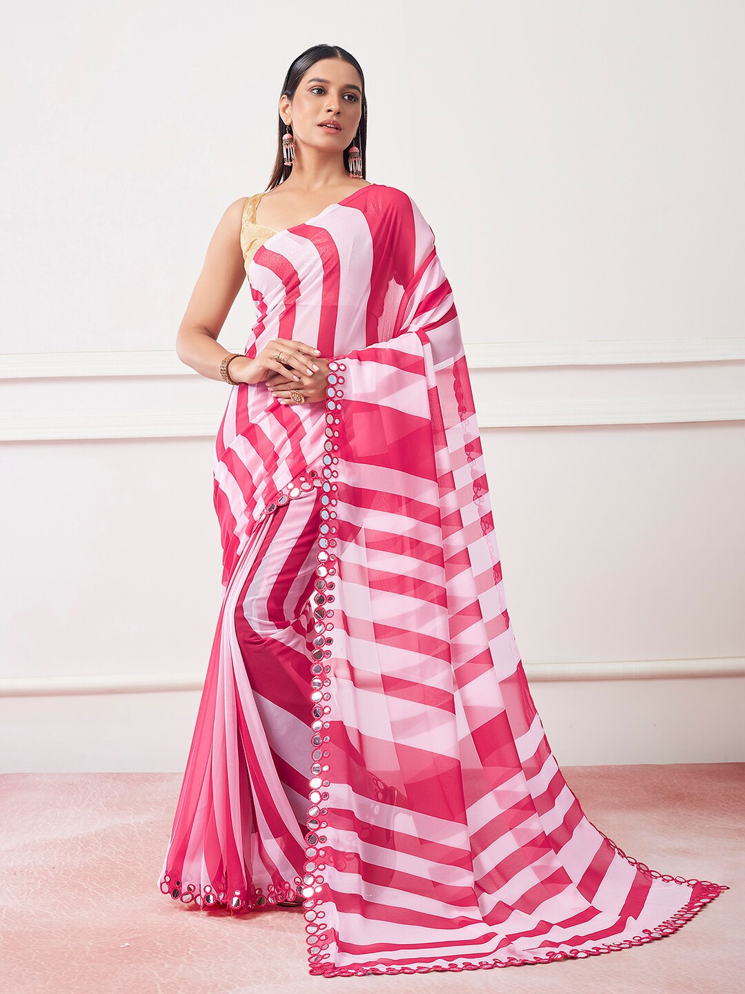 

Kalista Pink Striped Mirror Work Detailed Pure Georgette Saree