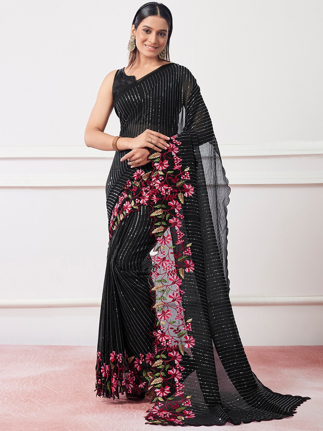 

Kalista Black Geometric Embroidered Sequinned Detailed Pure Georgette Saree