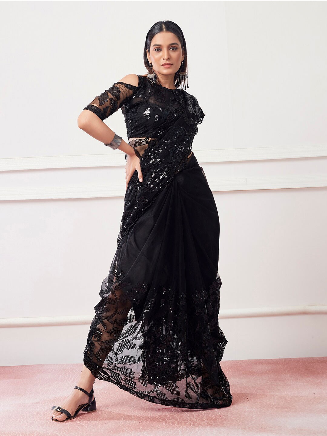 

Kalista Black Embellished Sequinned Pure Georgette Saree