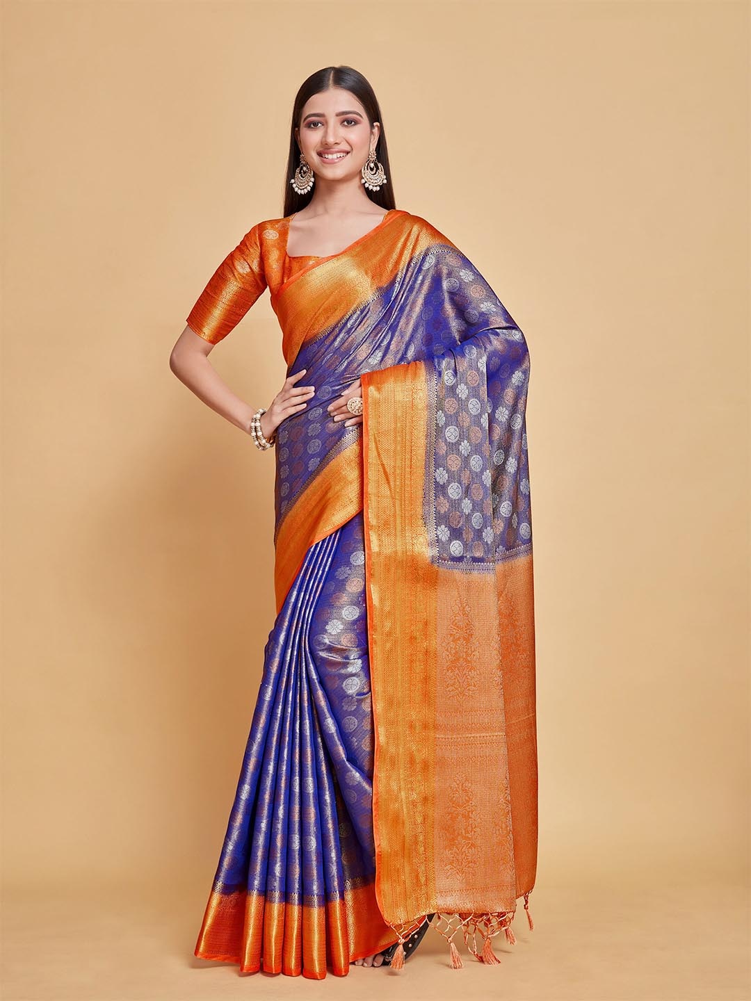 

MIMOSA Ethnic Motifs Woven Design Zari Detailed Kanjeevaram Saree, Blue