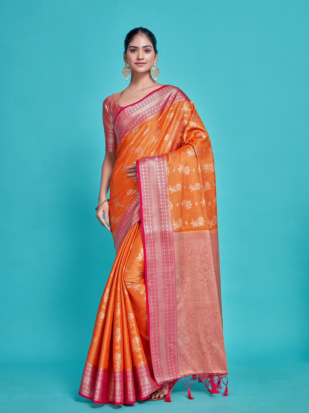 

MIMOSA Ethnic Motif Woven Design Zari Kanjeevaram Saree, Orange