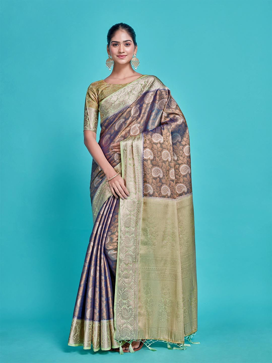 

MIMOSA Paisley Woven Design Zari Kanjeevaram Saree, Navy blue