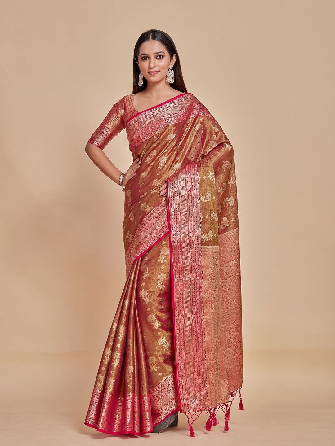 

MIMOSA Ethnic Motifs Woven Design Zari Kanjeevaram Saree, Maroon