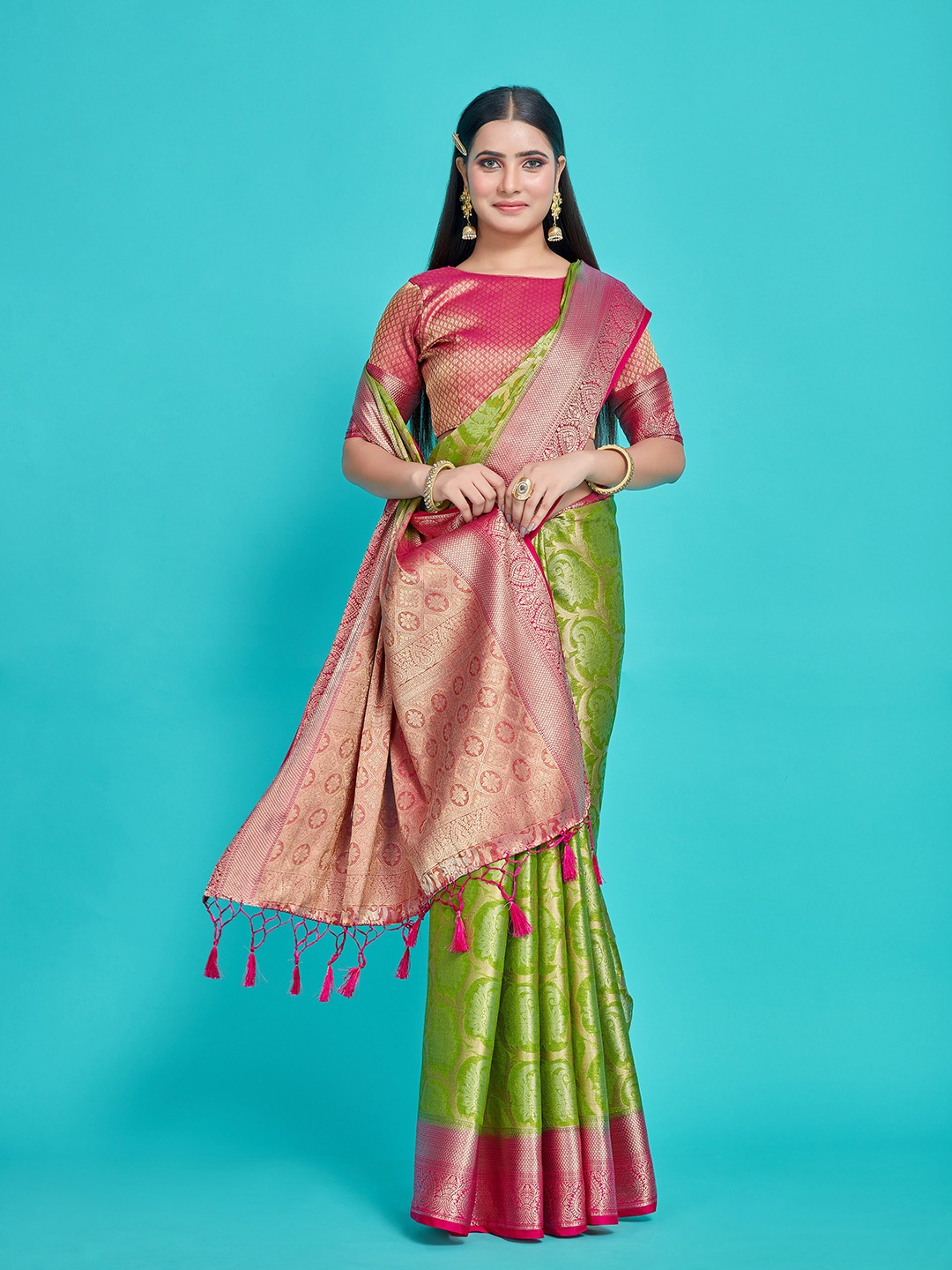 

MIMOSA Ethnic Motifs Woven Design Zari Kanjeevaram Saree, Olive