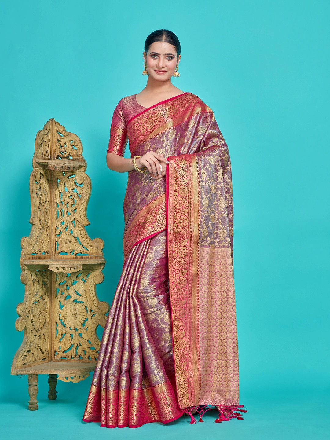 

MIMOSA Floral Woven Design Zari Art Silk Kanjeevaram Saree, Purple