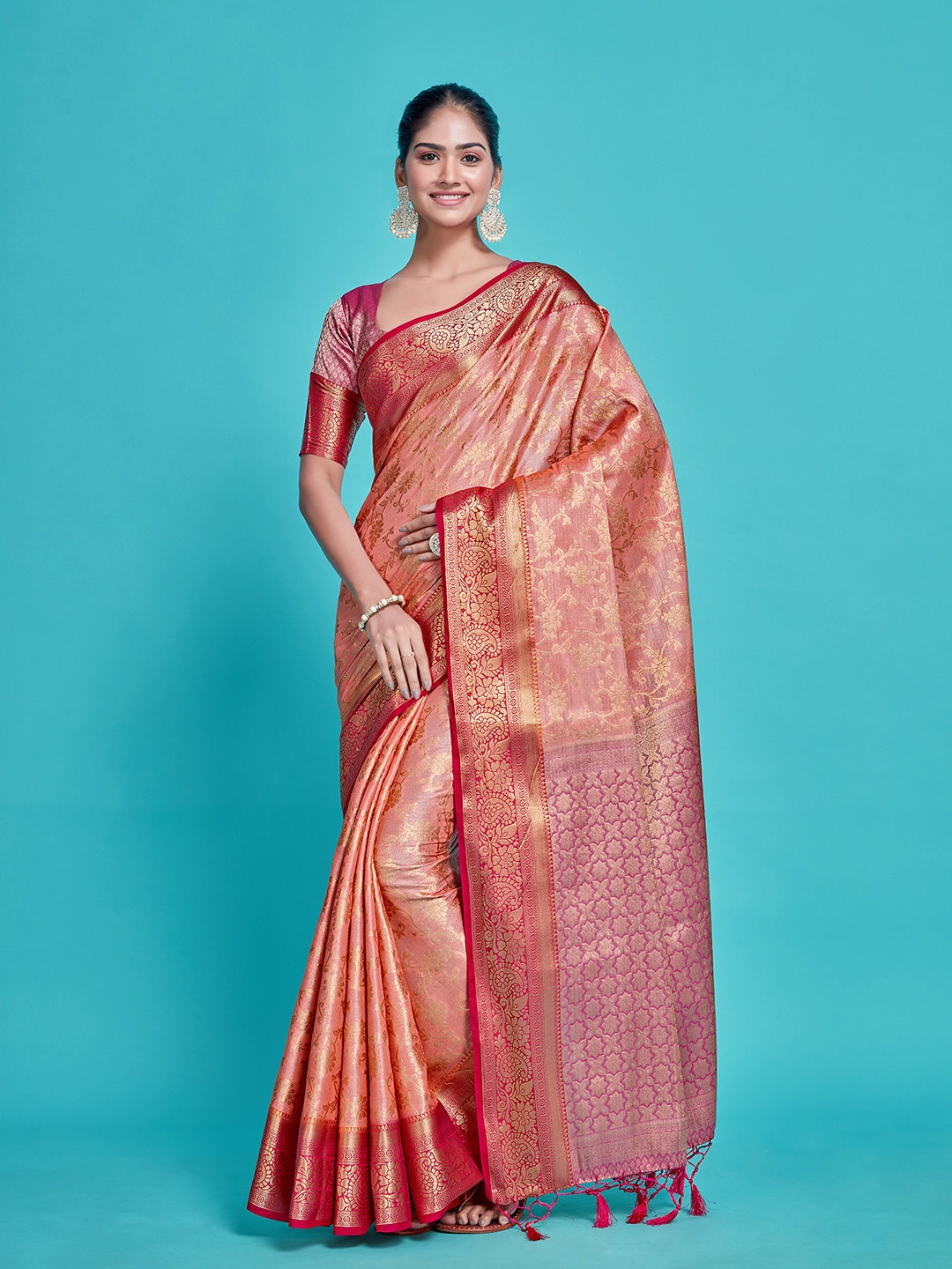 

MIMOSA Floral Woven Design Zari Kanjeevaram Saree, Peach
