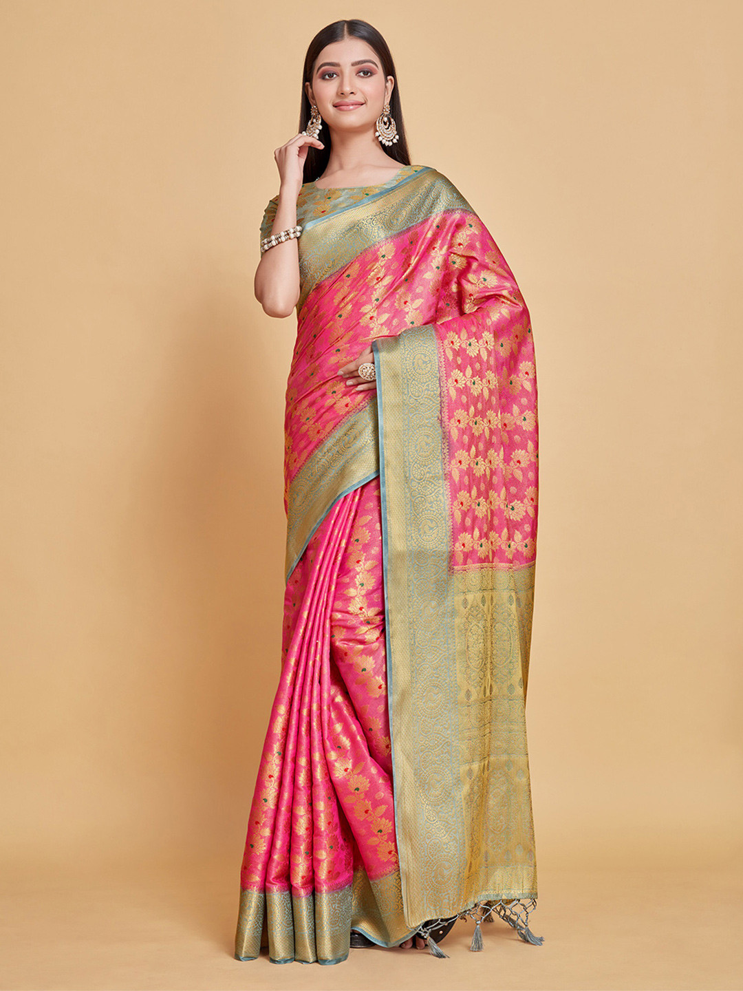 

MIMOSA Ethnic Motifs Woven Design Zari Kanjeevaram Saree, Pink