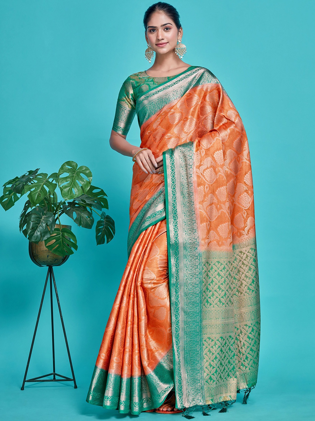 

MIMOSA Ethnic Motifs Woven Design Zari Kanjeevaram Saree, Orange