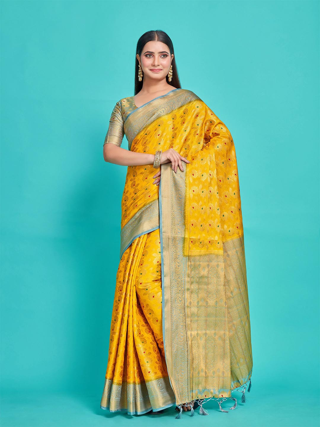 

MIMOSA Floral Woven Design Zari Kanjeevaram Saree, Gold