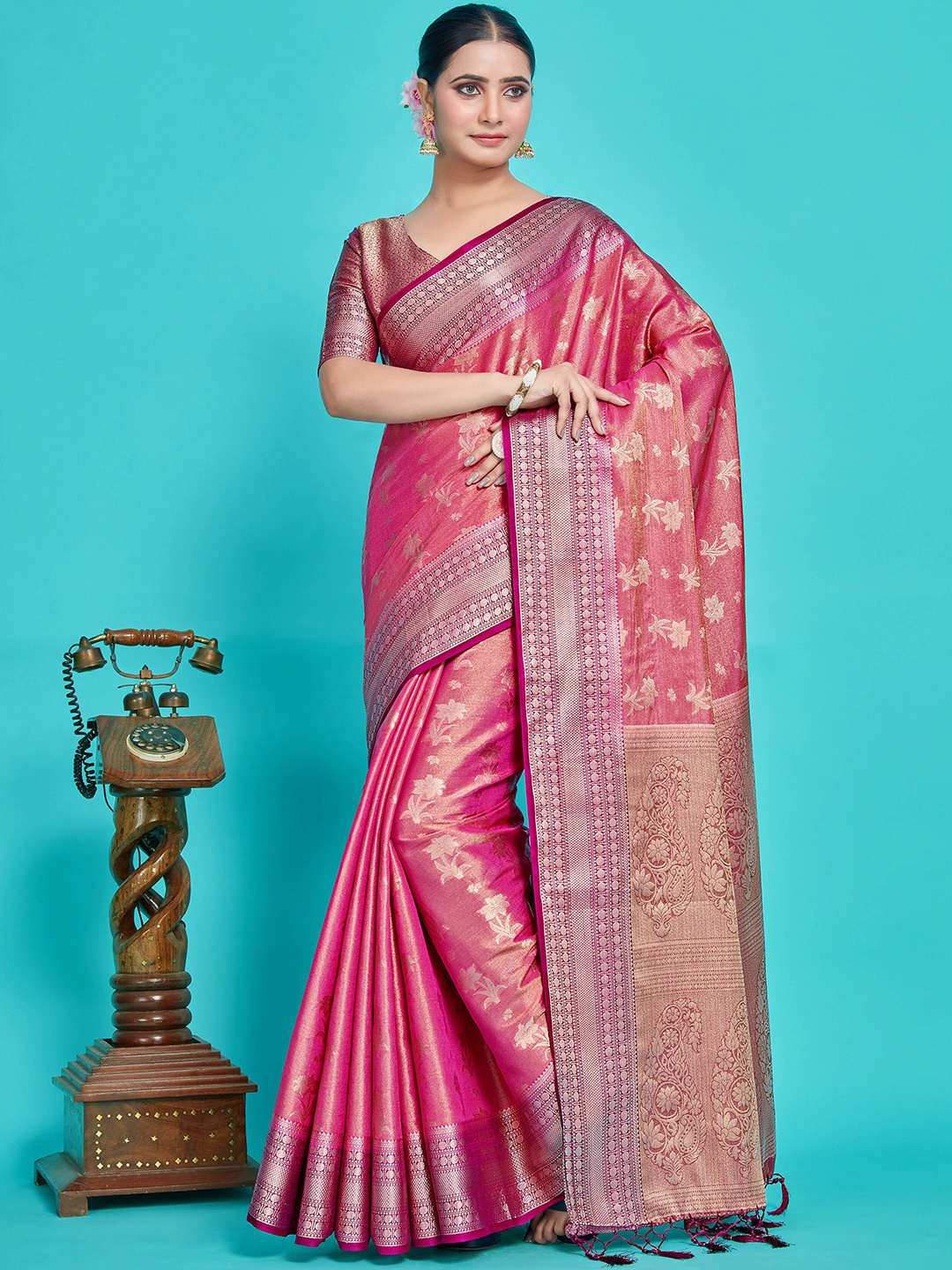 

MIMOSA Floral Woven Design Zari Kanjeevaram Saree, Pink