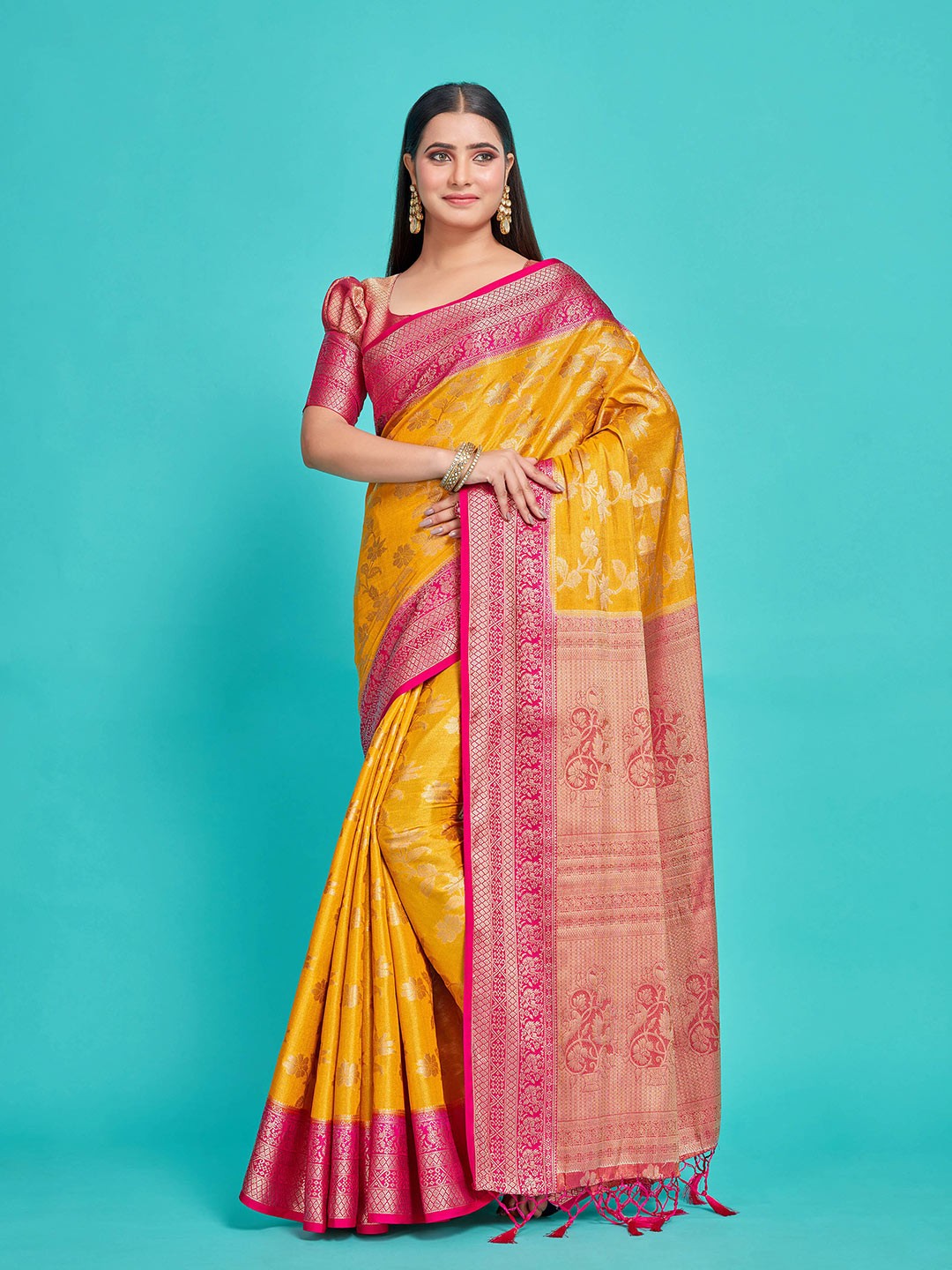 

MIMOSA Floral Woven Design Zari Detailed Kanjeevaram Saree, Mustard