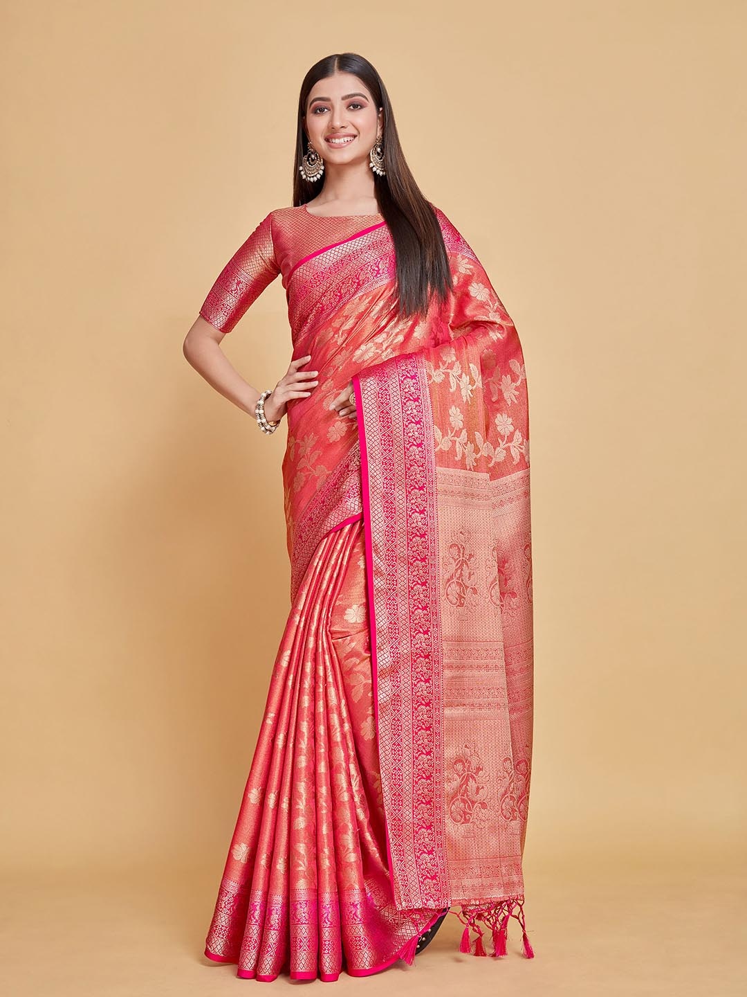 

MIMOSA Floral Woven Design Zari Kanjeevaram Saree, Pink