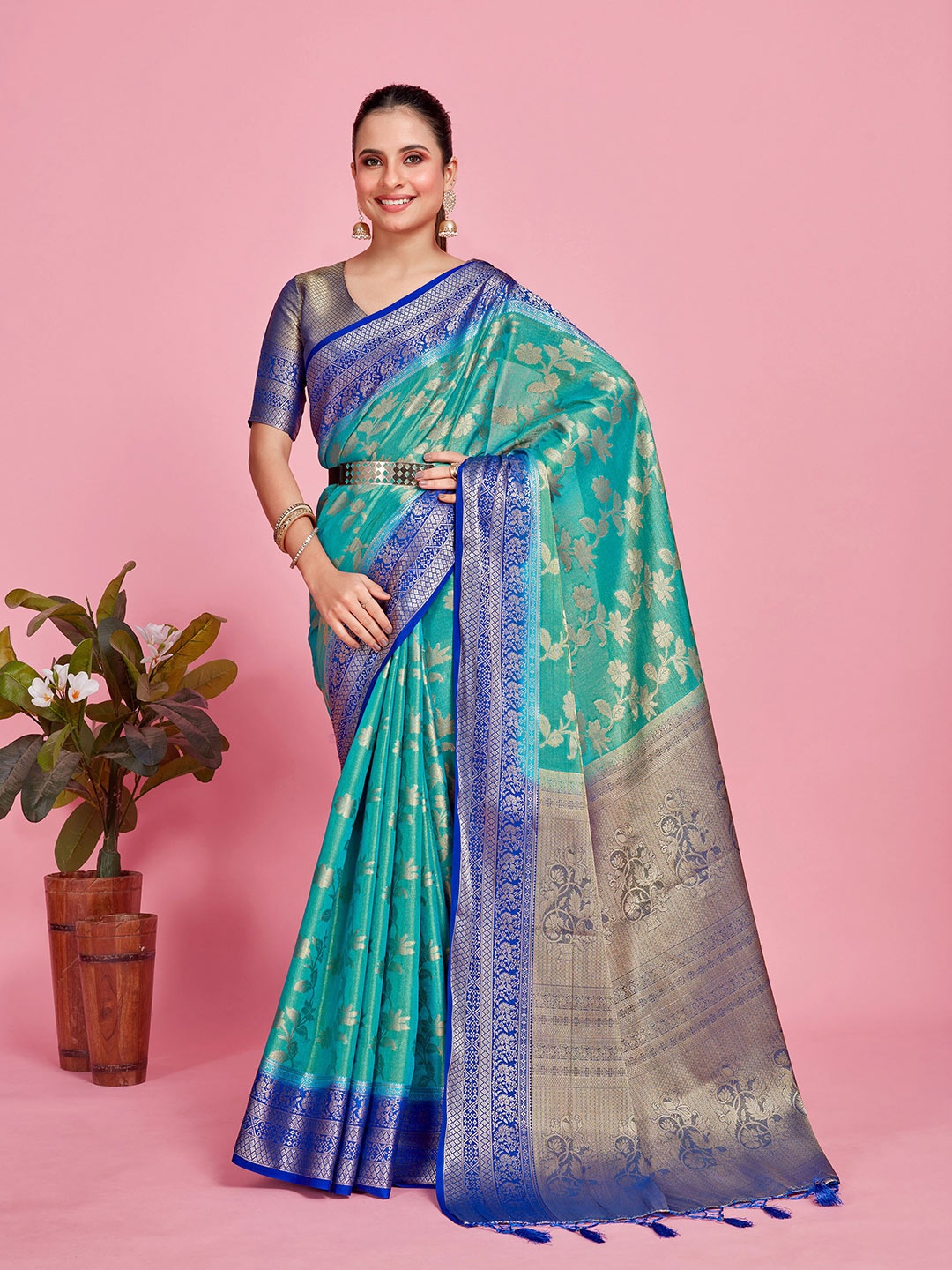 

MIMOSA Floral Woven Design Zari Detailed Kanjeevaram Saree, Turquoise blue