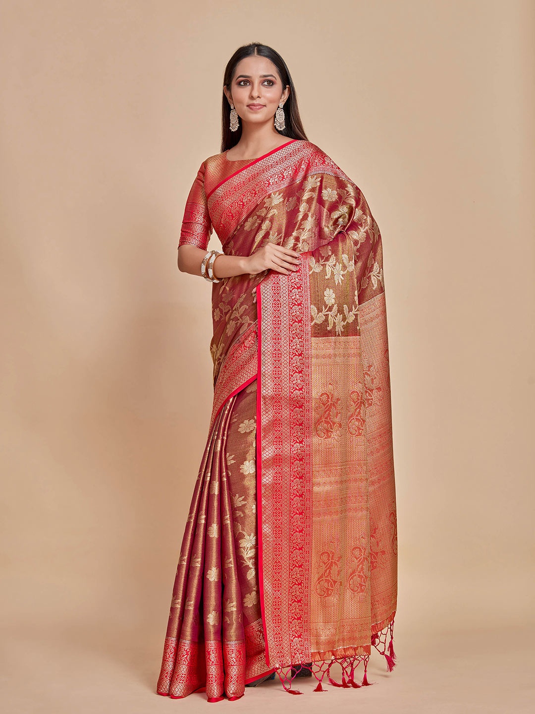 

MIMOSA Floral Woven Design Zari Kanjeevaram Saree, Maroon