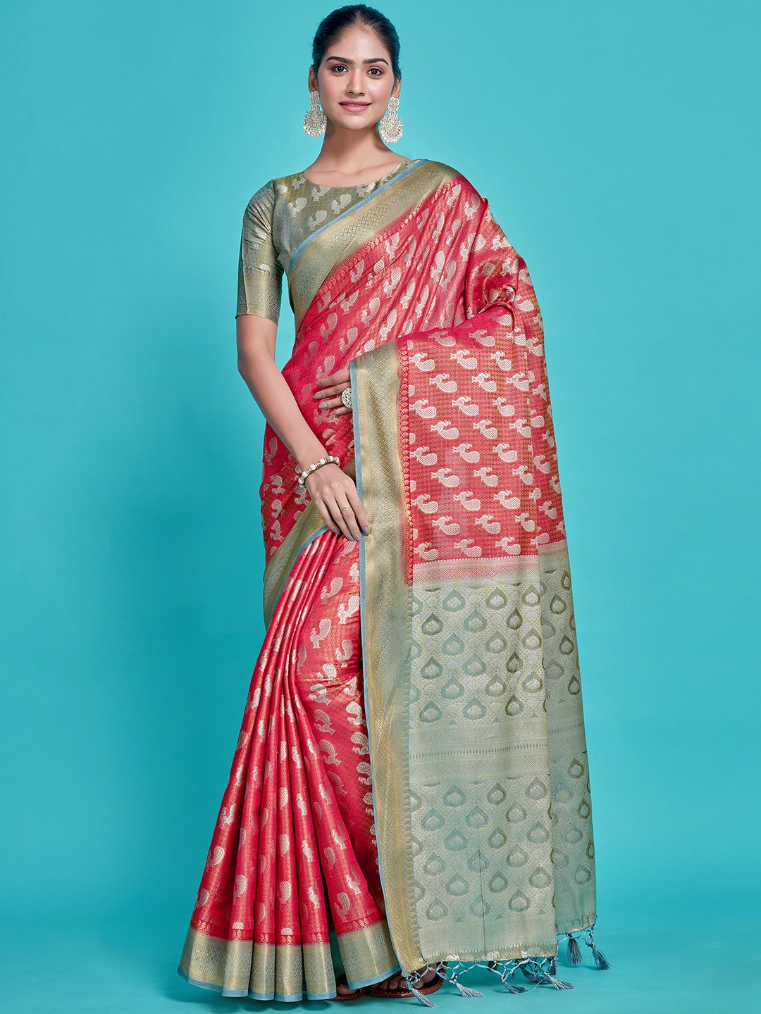 

MIMOSA Ethnic Motifs Woven Design Zari Kanjeevaram Saree, Red