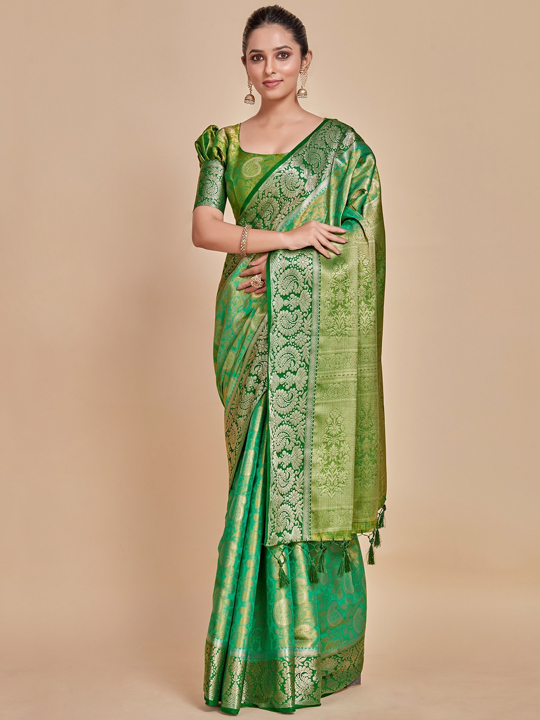 

MIMOSA Paisley Woven Design Zari Kanjeevaram Saree, Green